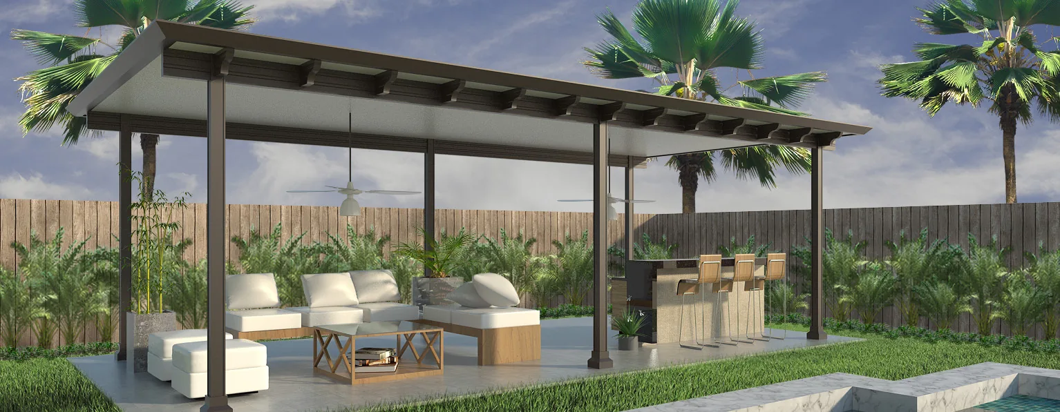 Illustration of an open aluminum patio cover over outdoor seating