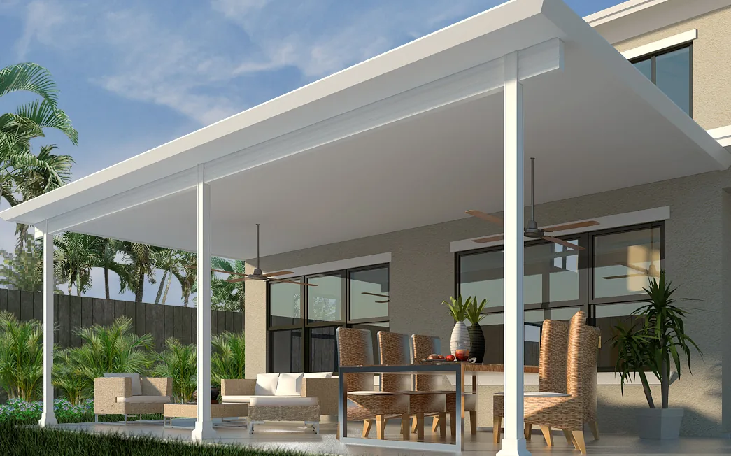 Illustration of a bright aluminum patio roof attached to a home