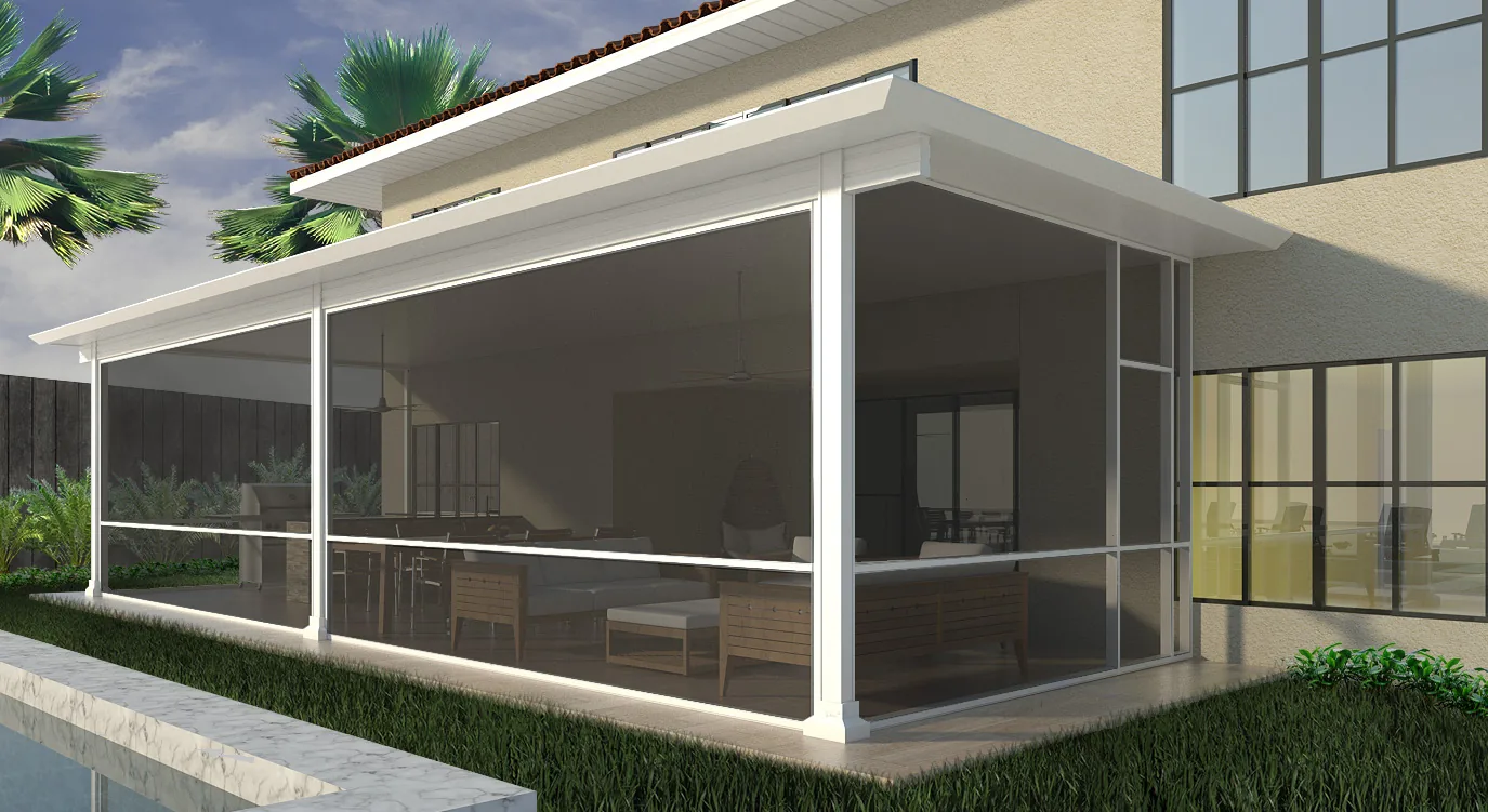 Illustration of a screened patio enclosure beside a home